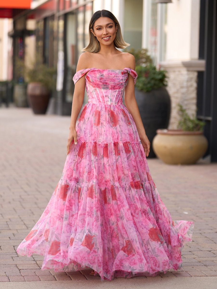A Line Floral Pink Long Prom Dress – KissProm