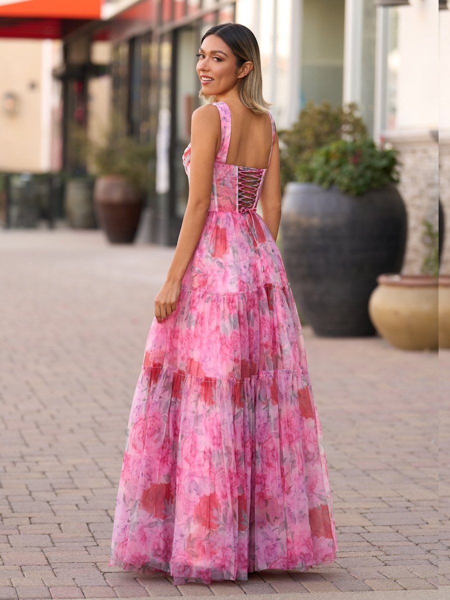A Line Floral Pink Long Prom Dress Pink / 14 A Line Floral Pink Long Prom Dress Pink / 14
