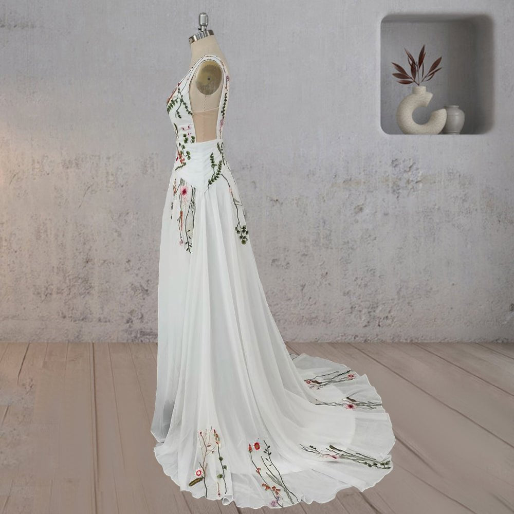 knee length dresses for ladies Zapaka Women White Blue Flower Long Prom Dress with Slit A-Line Spaghetti Straps Ruched Corset Evening Dress, White Blue Flower / UK10 main image 0