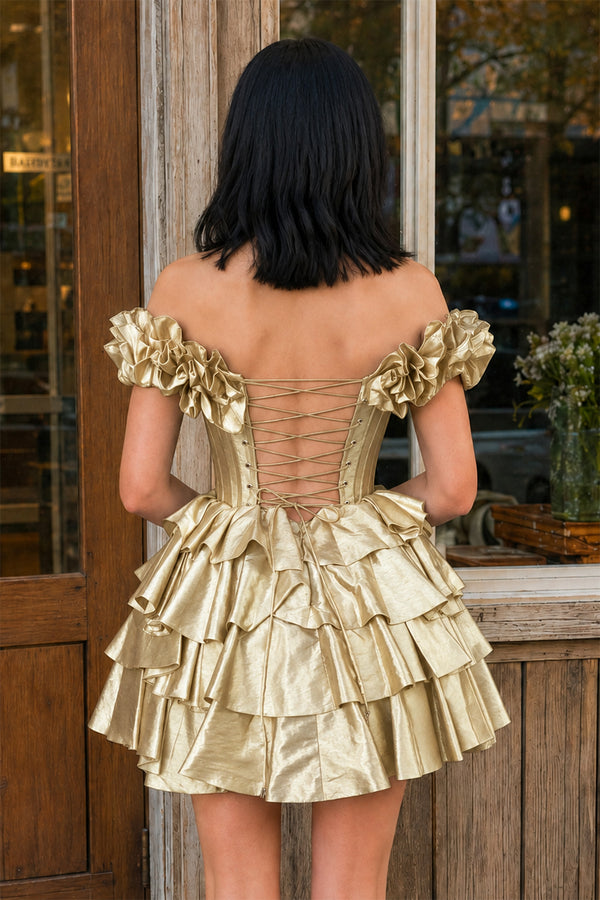 Golden A-Line Off-the-Shoulder Corset Ruffle Tiered Homecoming Dress-KISSPROM