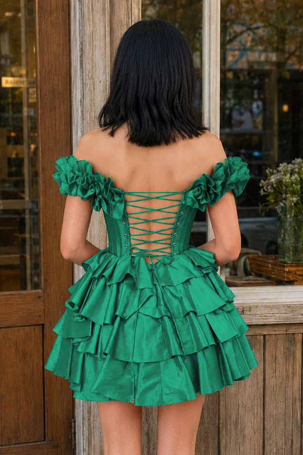 KissProm A-Line Off-the-Shoulder Corset Ruffle Tiered Homecoming Dress, Green / 8