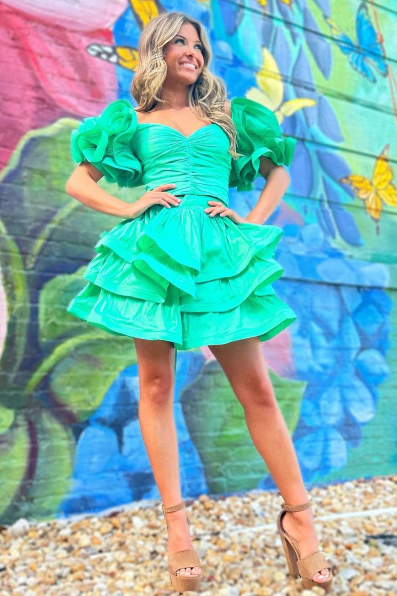 A-Line Green Ruffle Sleeves Layered Two Pieces Short Party Dress