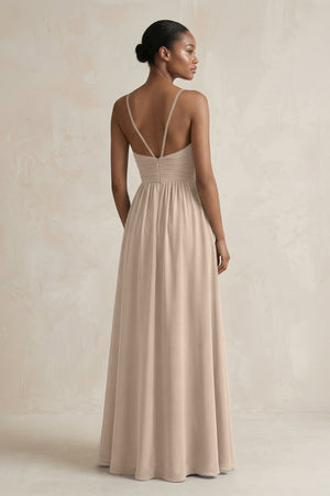 A - Line Halter Chiffon Ruched Bridesmaid Dress in Almond - KissProm Bridesmaid Dresses