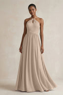 A - Line Halter Chiffon Ruched Bridesmaid Dress in Almond - KissProm Bridesmaid Dresses
