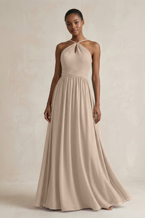 A - Line Halter Chiffon Ruched Bridesmaid Dress in Almond - KissProm Bridesmaid Dresses