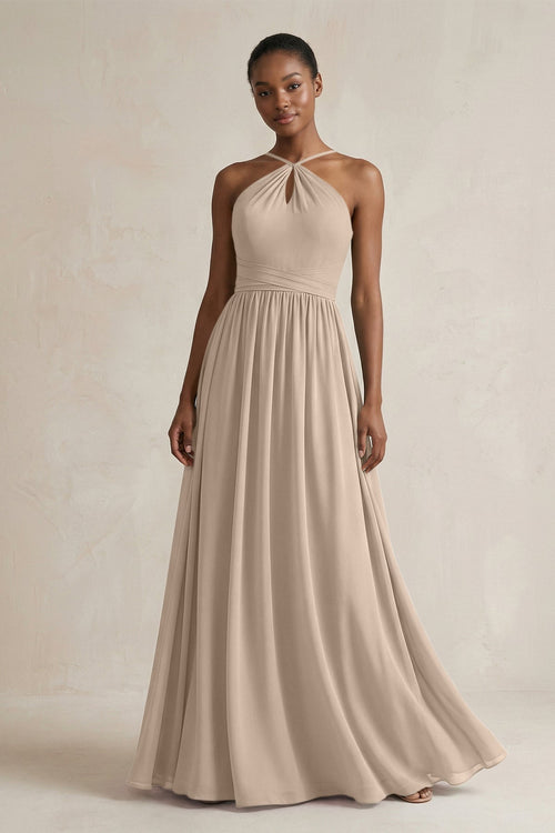 A - Line Halter Chiffon Ruched Bridesmaid Dress in Almond - KissProm Bridesmaid Dresses