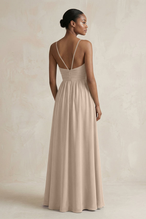 A - Line Halter Chiffon Ruched Bridesmaid Dress in Almond - KissProm Bridesmaid Dresses