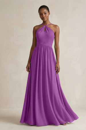 A - Line Halter Chiffon Ruched Bridesmaid Dress in Amethyst - KissProm Bridesmaid Dresses
