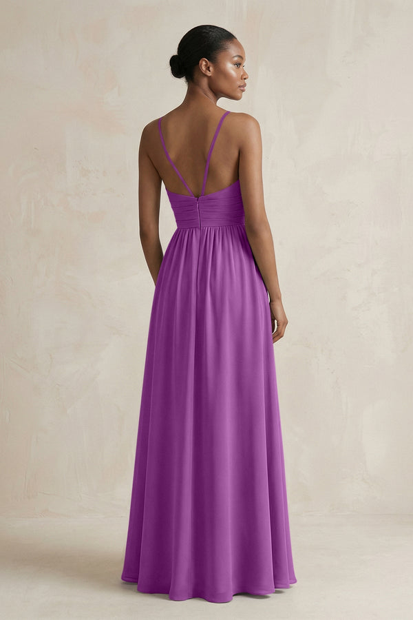 A - Line Halter Chiffon Ruched Bridesmaid Dress in Amethyst - KissProm Bridesmaid Dresses