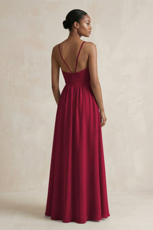 A - Line Halter Chiffon Ruched Bridesmaid Dress in Berry - KissProm Bridesmaid Dresses