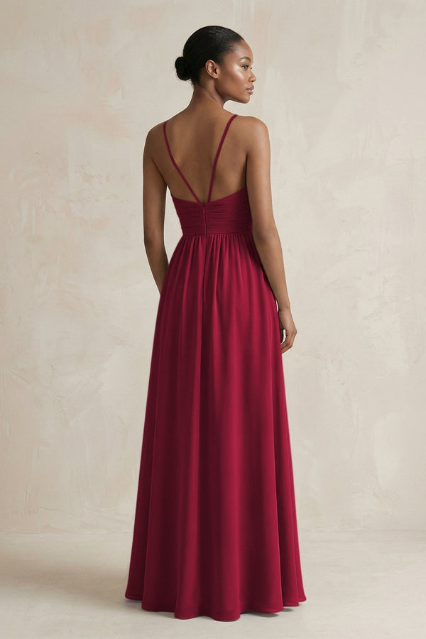 A - Line Halter Chiffon Ruched Bridesmaid Dress in Berry - KissProm Bridesmaid Dresses