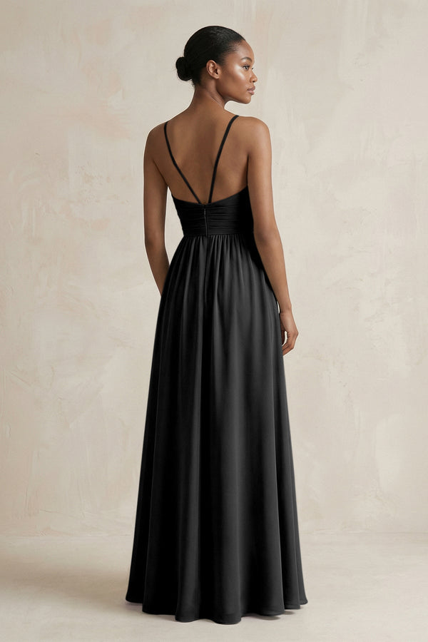 A - Line Halter Chiffon Ruched Bridesmaid Dress in Black - KissProm Bridesmaid Dresses