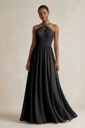 A - Line Halter Chiffon Ruched Bridesmaid Dress in Black - KissProm Bridesmaid Dresses
