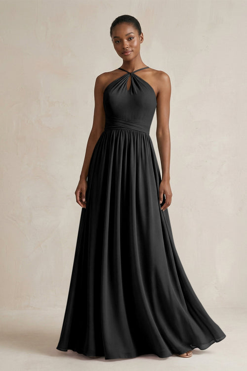 A - Line Halter Chiffon Ruched Bridesmaid Dress in Black - KissProm Bridesmaid Dresses