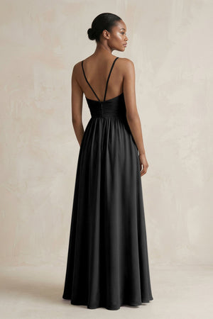 A - Line Halter Chiffon Ruched Bridesmaid Dress in Black - KissProm Bridesmaid Dresses