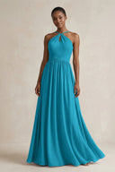 A - Line Halter Chiffon Ruched Bridesmaid Dress in Blue Jay - KissProm Bridesmaid Dresses