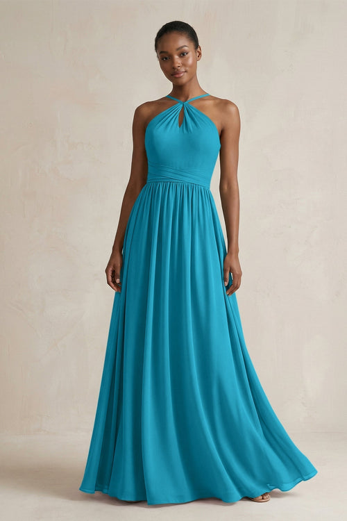 A - Line Halter Chiffon Ruched Bridesmaid Dress in Blue Jay - KissProm Bridesmaid Dresses