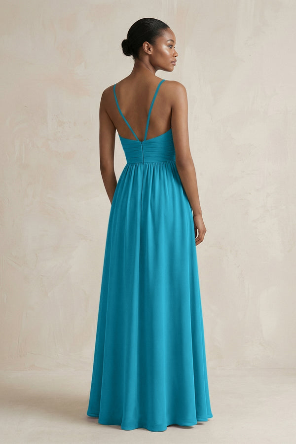 A - Line Halter Chiffon Ruched Bridesmaid Dress in Blue Jay - KissProm Bridesmaid Dresses