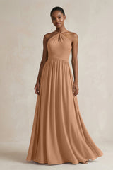 A - Line Halter Chiffon Ruched Bridesmaid Dress in Bronzer - KissProm Bridesmaid Dresses