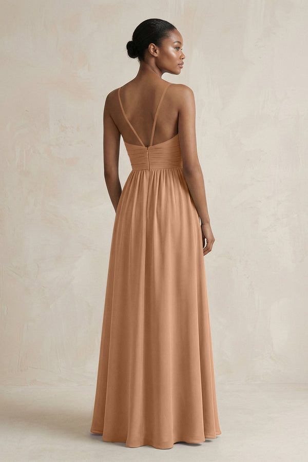 A - Line Halter Chiffon Ruched Bridesmaid Dress in Bronzer - KissProm Bridesmaid Dresses