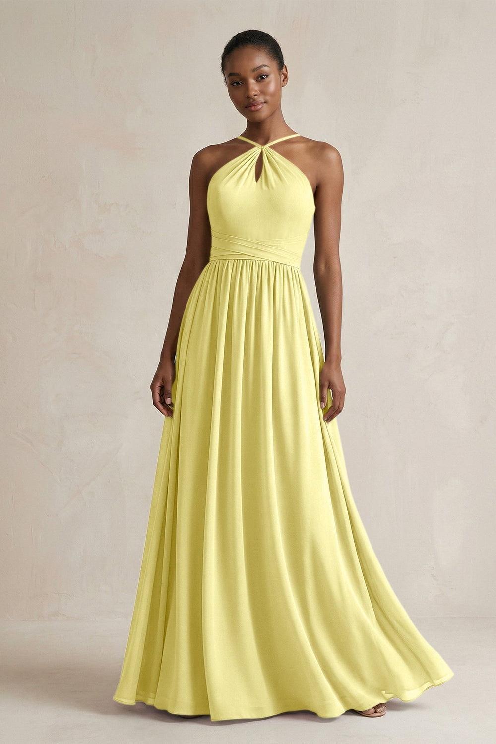 A - Line Halter Chiffon Ruched Bridesmaid Dress in Buttercup - KissProm Bridesmaid Dresses