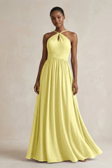 A - Line Halter Chiffon Ruched Bridesmaid Dress in Buttercup - KissProm Bridesmaid Dresses