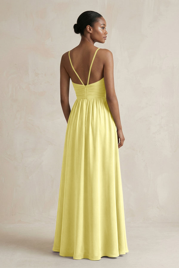 A - Line Halter Chiffon Ruched Bridesmaid Dress in Buttercup - KissProm Bridesmaid Dresses