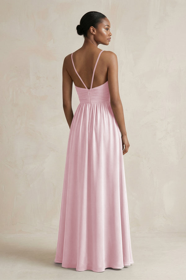 A - Line Halter Chiffon Ruched Bridesmaid Dress in Candy Pink - KissProm Bridesmaid Dresses