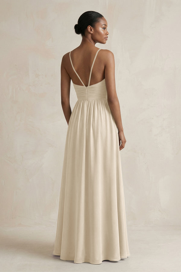 A - Line Halter Chiffon Ruched Bridesmaid Dress in Champagne - KissProm Bridesmaid Dresses