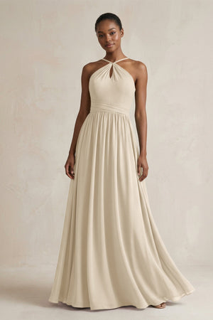A - Line Halter Chiffon Ruched Bridesmaid Dress in Champagne - KissProm Bridesmaid Dresses