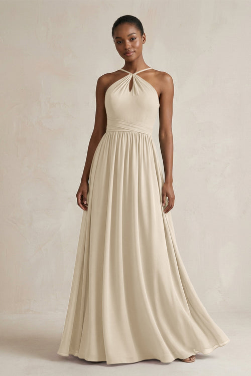 A - Line Halter Chiffon Ruched Bridesmaid Dress in Champagne - KissProm Bridesmaid Dresses