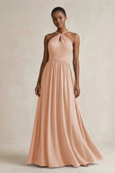 A - Line Halter Chiffon Ruched Bridesmaid Dress in Champagne Rose - KissProm Bridesmaid Dresses
