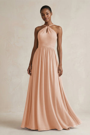 A - Line Halter Chiffon Ruched Bridesmaid Dress in Champagne Rose - KissProm Bridesmaid Dresses