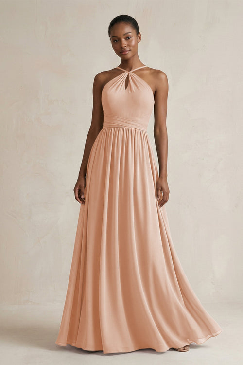 A - Line Halter Chiffon Ruched Bridesmaid Dress in Champagne Rose - KissProm Bridesmaid Dresses