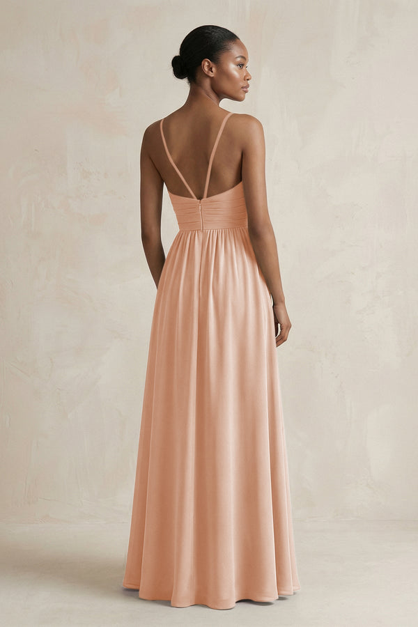 A - Line Halter Chiffon Ruched Bridesmaid Dress in Champagne Rose - KissProm Bridesmaid Dresses