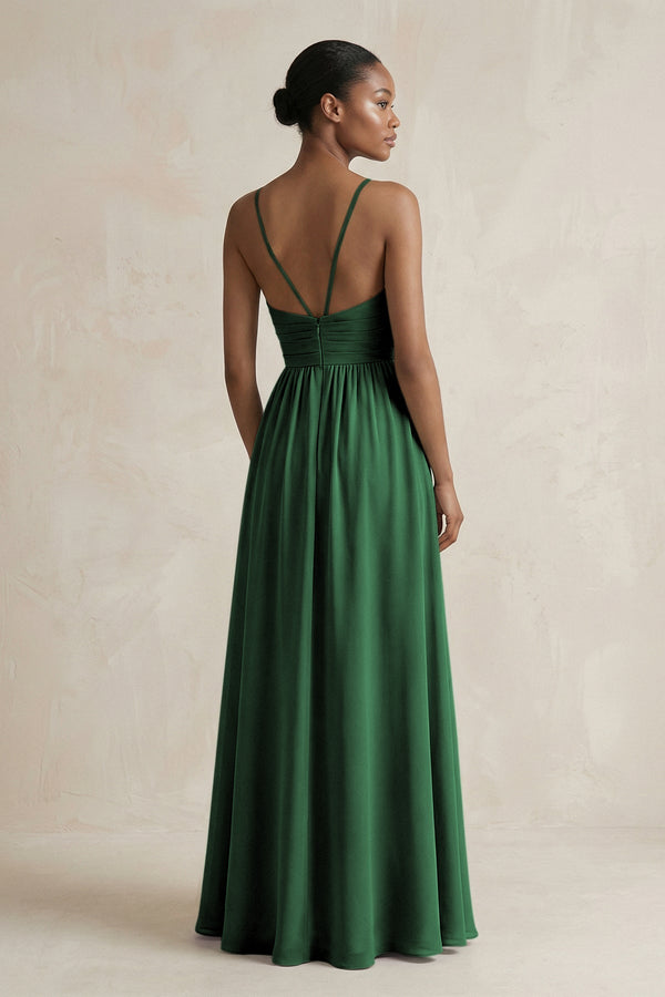 A - Line Halter Chiffon Ruched Bridesmaid Dress in Dark Green - KissProm Bridesmaid Dresses