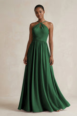 A - Line Halter Chiffon Ruched Bridesmaid Dress in Dark Green - KissProm Bridesmaid Dresses