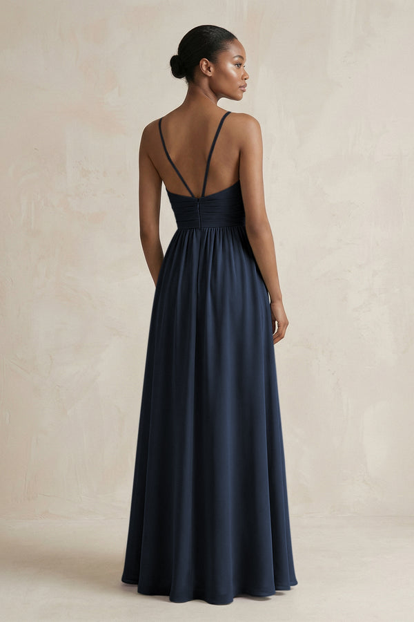 A - Line Halter Chiffon Ruched Bridesmaid Dress in Dark Navy - KissProm Bridesmaid Dresses
