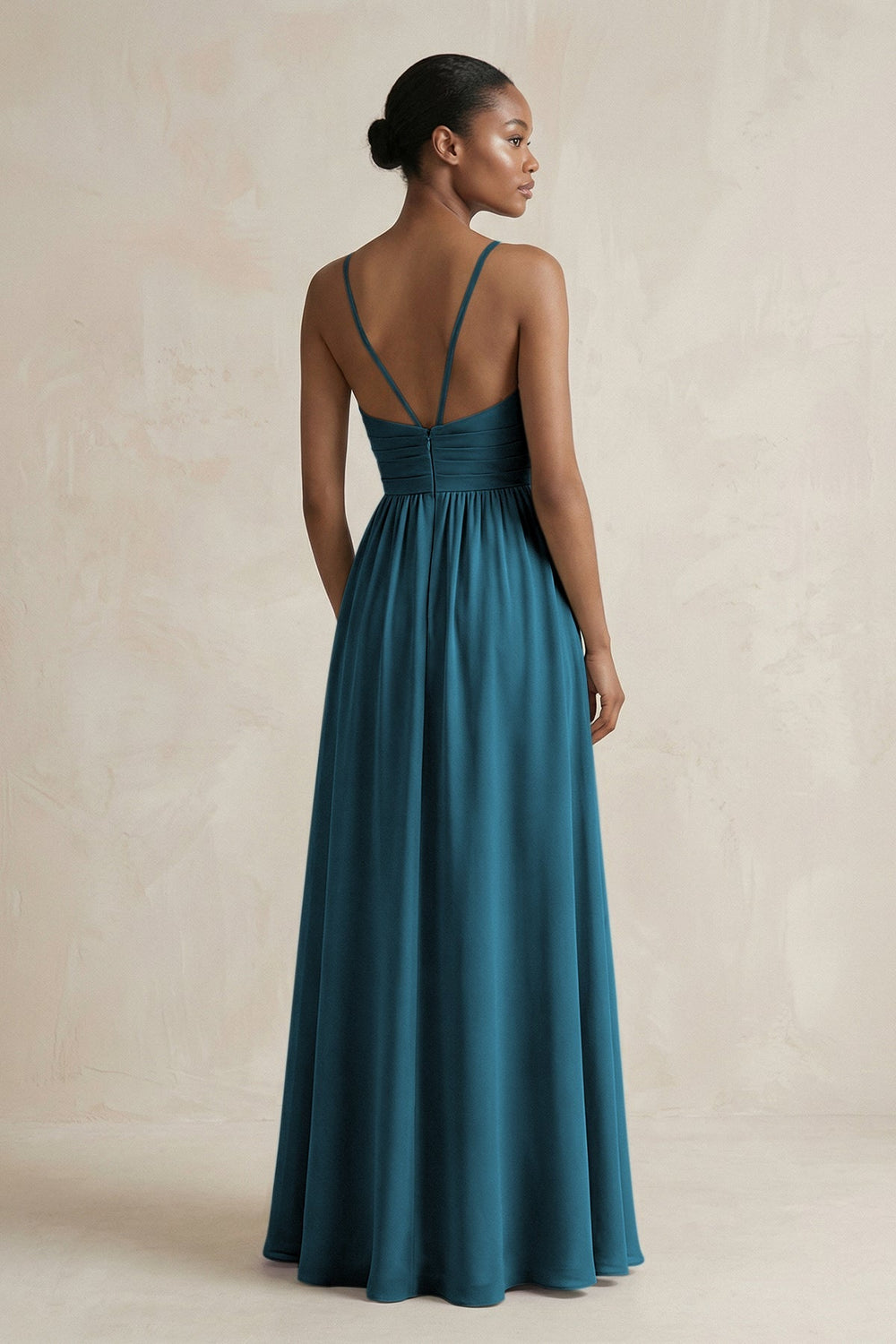 A - Line Halter Chiffon Ruched Bridesmaid Dress in Dark Teal - KissProm Bridesmaid Dresses