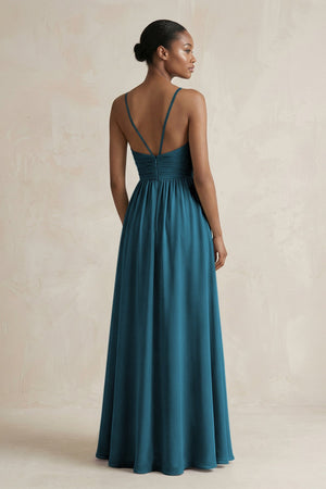 A - Line Halter Chiffon Ruched Bridesmaid Dress in Dark Teal - KissProm Bridesmaid Dresses
