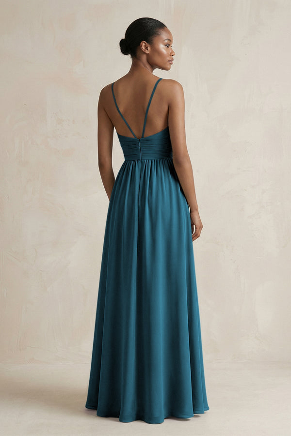A - Line Halter Chiffon Ruched Bridesmaid Dress in Dark Teal - KissProm Bridesmaid Dresses