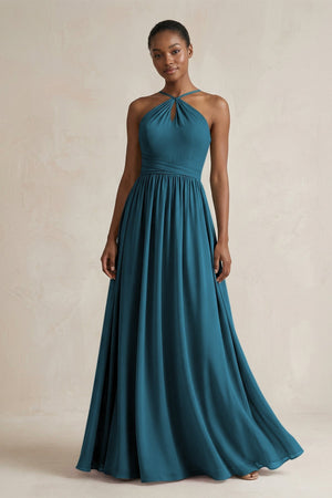 A - Line Halter Chiffon Ruched Bridesmaid Dress in Dark Teal - KissProm Bridesmaid Dresses