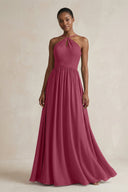 A - Line Halter Chiffon Ruched Bridesmaid Dress in Desert Rose - KissProm Bridesmaid Dresses