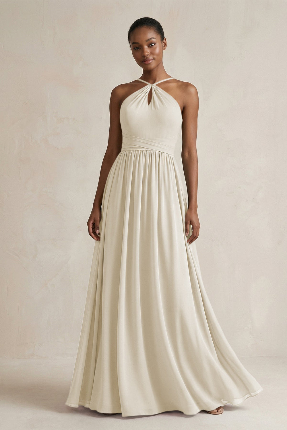 A - Line Halter Chiffon Ruched Bridesmaid Dress in Dove Gray - KissProm Bridesmaid Dresses