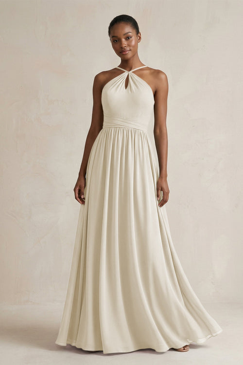 A - Line Halter Chiffon Ruched Bridesmaid Dress in Dove Gray - KissProm Bridesmaid Dresses