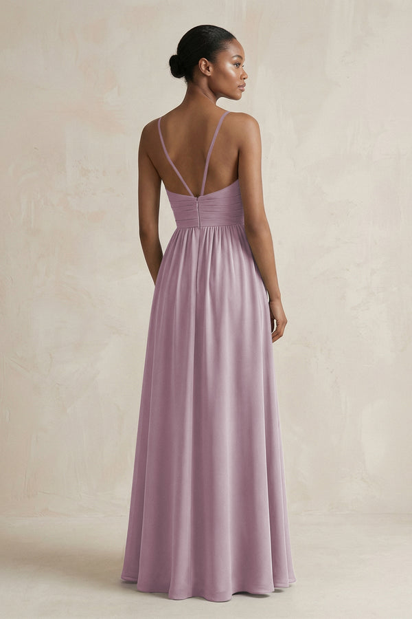 A - Line Halter Chiffon Ruched Bridesmaid Dress in Dusk - KissProm Bridesmaid Dresses