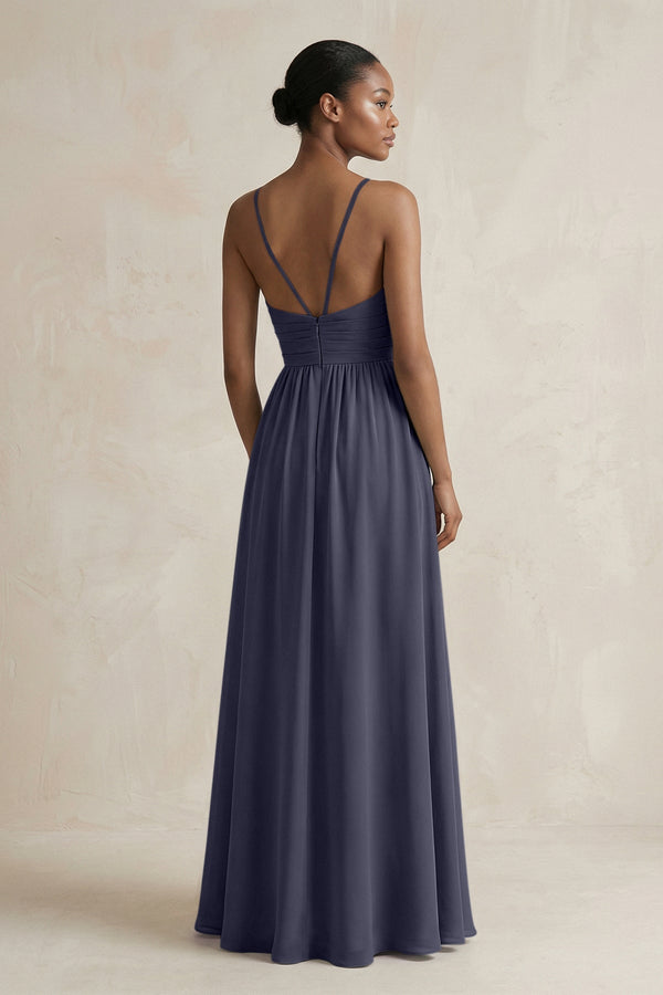 A - Line Halter Chiffon Ruched Bridesmaid Dress in Dusk Blue - KissProm Bridesmaid Dresses