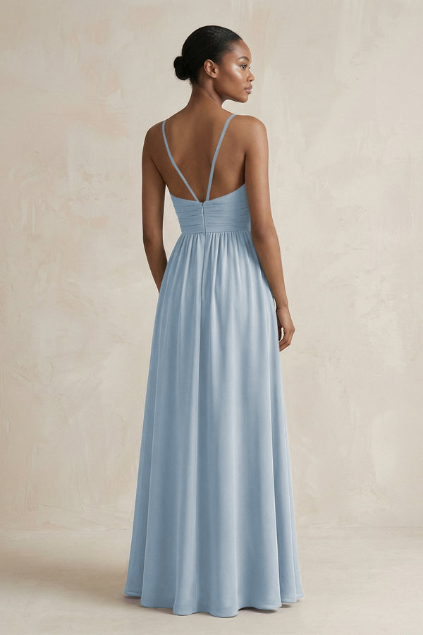A - Line Halter Chiffon Ruched Bridesmaid Dress in Dusty Blue - KissProm Bridesmaid Dresses