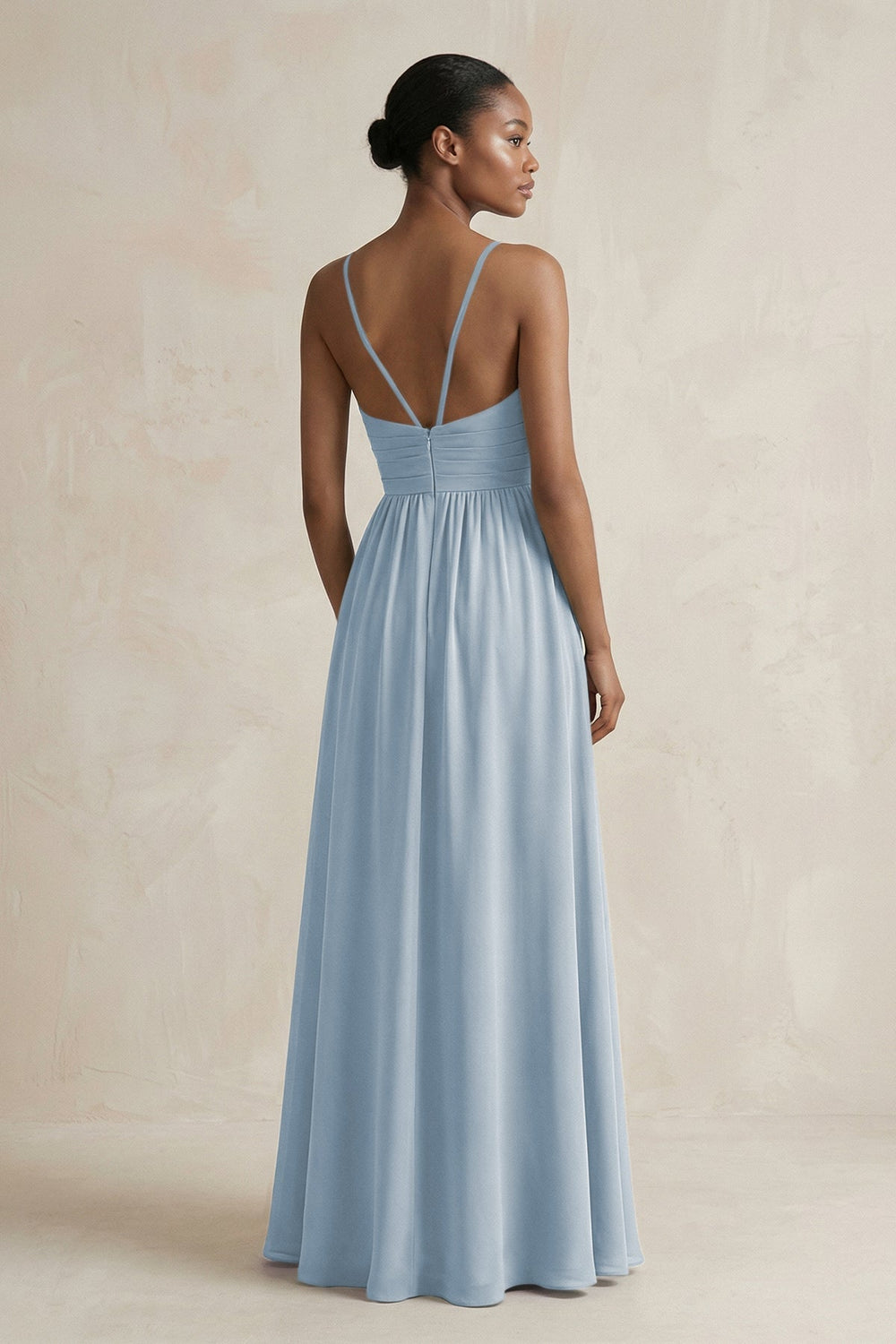 A - Line Halter Chiffon Ruched Bridesmaid Dress in Dusty Blue - KissProm Bridesmaid Dresses