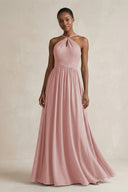A - Line Halter Chiffon Ruched Bridesmaid Dress in Dusty Rose - KissProm Bridesmaid Dresses